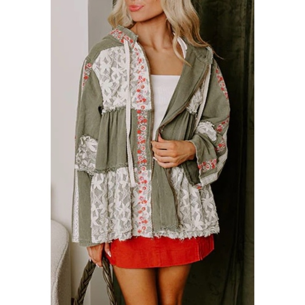 POL Olive Denim Patchwork Hoodie Jacket | Lace Patch Floral Embroidery - Picture 4 of 8